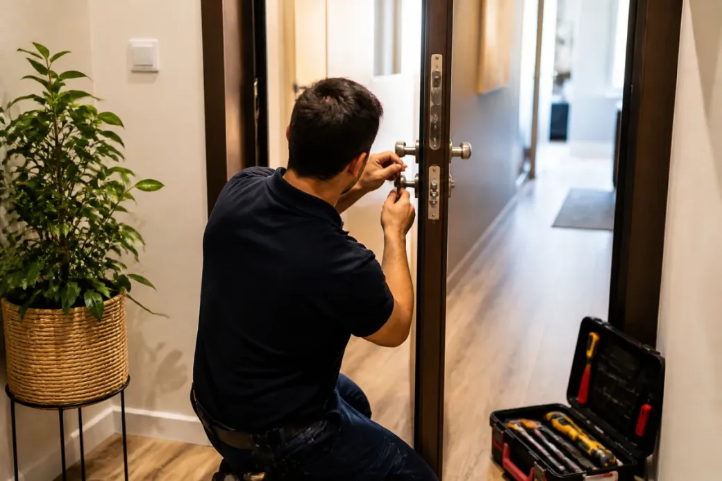 Serrurier intervenant sur la serrure d'une porte de logement à Puteaux